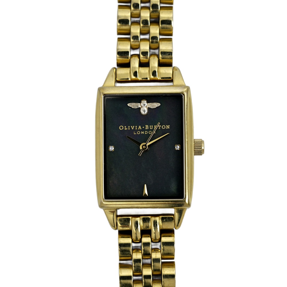 Olivia Burton Tank Ladies Watch Bee Hive Mother of Pearl Black and Gold OB16BH02